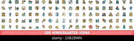 100 kindergarten icons set. Color line set of kindergarten vector icons thin line color flat on white Stock Vector
