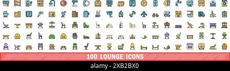 100 lounge icons set. Color line set of lounge vector icons thin line color flat on white Stock Vector