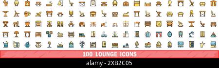 100 lounge icons set. Color line set of lounge vector icons thin line color flat on white Stock Vector