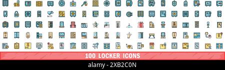 100 locker icons set. Color line set of locker vector icons thin line color flat on white Stock Vector