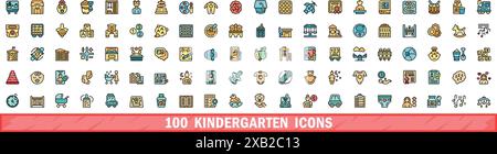100 kindergarten icons set. Color line set of kindergarten vector icons thin line color flat on white Stock Vector