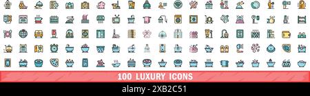 100 luxury icons set. Color line set of luxury vector icons thin line color flat on white Stock Vector