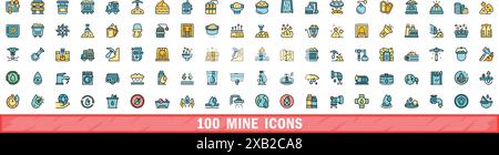 100 mine icons set. Color line set of mine vector icons thin line color flat on white Stock Vector