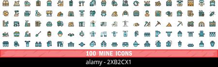 100 mine icons set. Color line set of mine vector icons thin line color flat on white Stock Vector