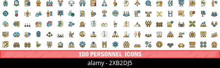100 personnel icons set. Color line set of personnel vector icons thin line color flat on white Stock Vector