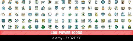 100 power icons set. Color line set of power vector icons thin line color flat on white Stock Vector