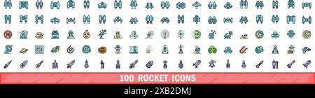 100 rocket icons set. Color line set of rocket vector icons thin line color flat on white Stock Vector