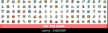 100 pub icons set. Color line set of pub vector icons thin line color flat on white Stock Vector