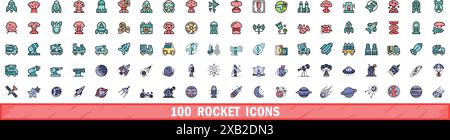 100 rocket icons set. Color line set of rocket vector icons thin line color flat on white Stock Vector