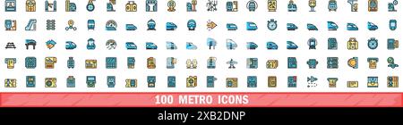 100 metro icons set. Color line set of metro vector icons thin line color flat on white Stock Vector