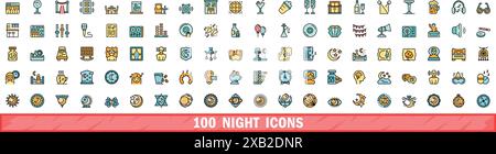 100 night icons set. Color line set of night vector icons thin line color flat on white Stock Vector