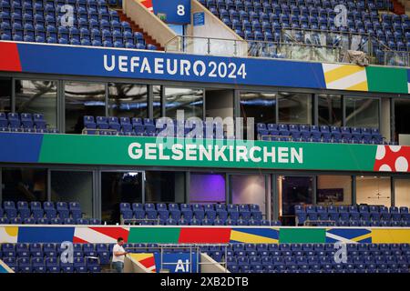 Gelsenkirchen, Germany. 10th June, 2024. Soccer, UEFA Euro 2024, European Championship, Stadium Open Media Days, Arena AufSchalke. View of branding inside the stadium. Credit: Friso Gentsch/dpa/Alamy Live News Stock Photo