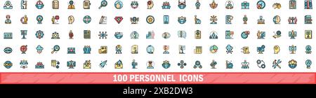 100 personnel icons set. Color line set of personnel vector icons thin line color flat on white Stock Vector