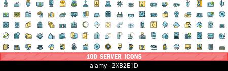 100 server icons set. Color line set of server vector icons thin line color flat on white Stock Vector