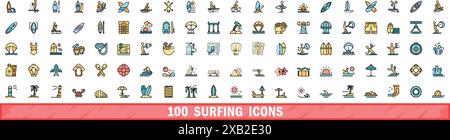 100 surfing icons set. Color line set of surfing vector icons thin line color flat on white Stock Vector