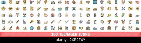 100 teenager icons set. Color line set of teenager vector icons thin line color flat on white Stock Vector