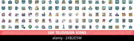 100 television icons set. Color line set of television vector icons thin line color flat on white Stock Vector