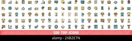 100 top icons set. Color line set of top vector icons thin line color flat on white Stock Vector