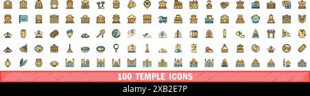 100 temple icons set. Color line set of temple vector icons thin line color flat on white Stock Vector