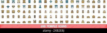 100 temple icons set. Color line set of temple vector icons thin line color flat on white Stock Vector