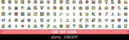 100 top icons set. Color line set of top vector icons thin line color flat on white Stock Vector