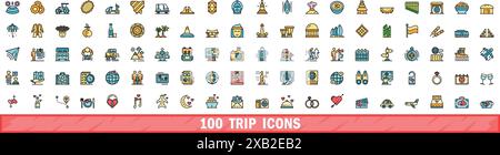 100 trip icons set. Color line set of trip vector icons thin line color flat on white Stock Vector