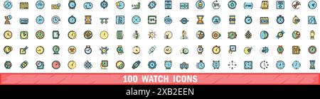 100 watch icons set. Color line set of watch vector icons thin line color flat on white Stock Vector