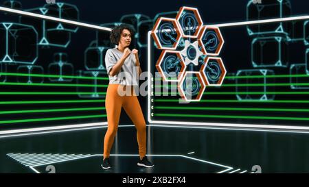 Virtual Reality Female Boxer Video Game. In Metaverse Fit Black Woman Fight Against Artificial Intelligence, Scoring Points, Virtual Training, Fitness, Exercise, Workout. 3D VFX Graphics, Animation Stock Photo