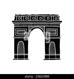 Silhouette of Arc de Triomphe, Triumphal Arch vector hand drawn illustration. Symbol of Paris. Vintage drawing painted by black inks for icon, logo or Stock Photo