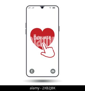 Smartphone with red heart symbol on the screen. Donation by online payments. Financial support. Stock Vector
