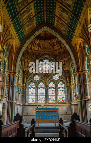 St Mary's church at Studley Royal, North Yorkshire with stained glass windows and beautiful ornate ceiling. Church designed in 1870s, opened 1871. Stock Photo