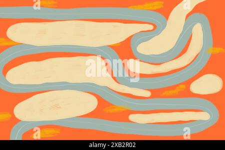 An abstract art piece featuring curvilinear shapes in beige and blue tones against an orange backdrop with subtle brush textures. Stock Photo