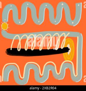 An abstract digital painting with geometric patterns, including wavy lines, a sun illustration, and concentric rectangles, set against a vibrant orang Stock Photo