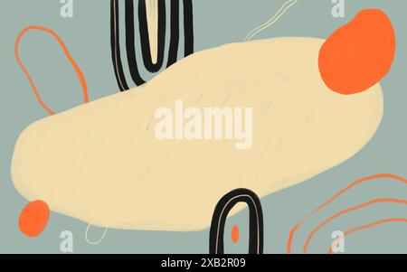 This image showcases an abstract piece featuring whimsical shapes and flowing lines against a serene blue background. Stock Photo