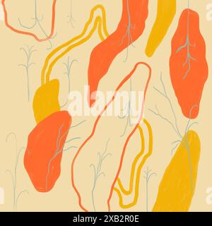 This image features abstract organic shapes intertwined with delicate botanical patterns, depicted on a soft pastel background, ideal for creative pro Stock Photo