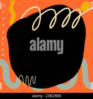 An abstract piece featuring a dark central shape with contrasting warm-toned squiggles and dots on an orange background. Stock Photo
