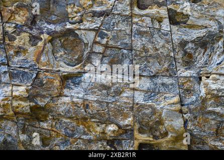 Detailed image showing the complex textures and colors of a rugged cliff rock face A high-quality close-up captures complexities and patterns formed b Stock Photo