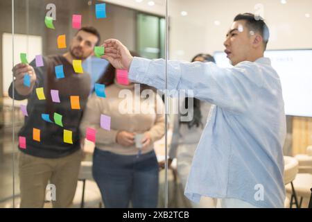 A team of friends brainstorming ideas in a coworking space using colorful sticky notes on a glass wall Stock Photo