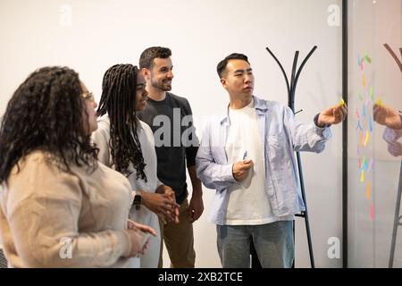 A diverse group of friends collaboratively working on a project, using sticky notes for brainstorming in a cheerful and contemporary coworking environ Stock Photo