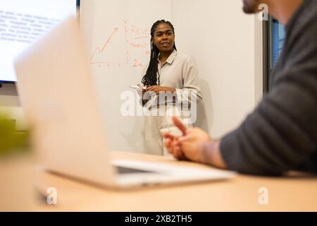 A diverse team collaborates in a coworking setting, with a woman leading a business presentation Stock Photo