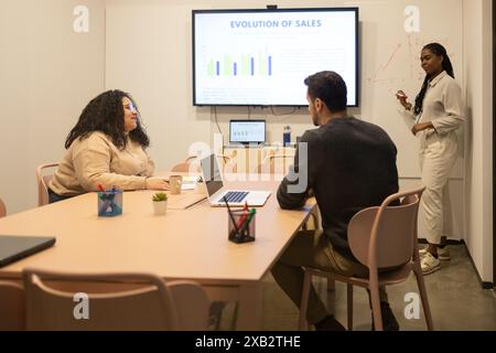 Diverse group of friends collaborating in a modern coworking space during a presentation Stock Photo