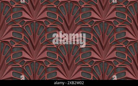 This image features a complex abstract geometric pattern with interlocking shapes in rich shades of deep red contrasted against dark black areas, crea Stock Photo