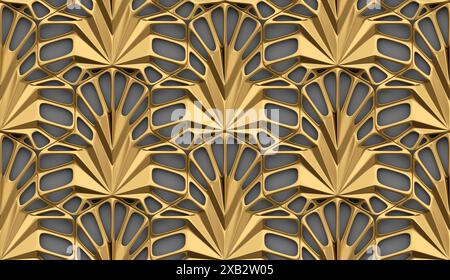Luxurious golden geometric shapes intricately intertwined, set against a smooth gray background Ideal for sophisticated and modern designs Stock Photo
