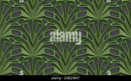 A seamless pattern featuring stylized tropical leaves in various shades of dark green, perfect for backgrounds or textile designs Stock Photo
