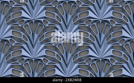 An intricate, abstract 3D pattern featuring geometric shapes in varying shades of gray that create a sense of depth and texture This seamless pattern Stock Photo