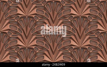 A complex and visually engaging symmetrical geometric pattern in shades of brown with a 3D effect, suitable for backgrounds or wallpapers Stock Photo