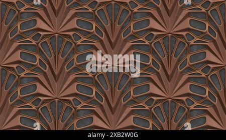 3D illustration of hard brown metal frame tiles with golden frayed edges on black concrete background Stock Photo