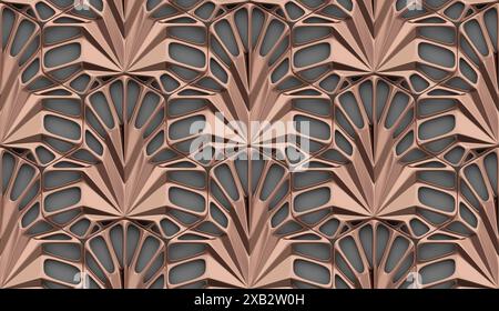 A detailed look at an intriguing geometric pattern with bronze hues and symmetrical, leaf-like designs, ideal for backgrounds or graphical elements in Stock Photo
