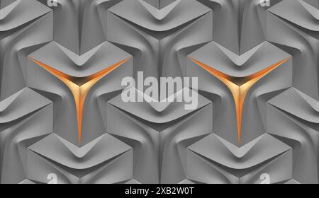 Futuristic 3d gray and white leather panels with gold scuffs on the edges of a three-pointed star at the base of the shape High quality seamless textu Stock Photo