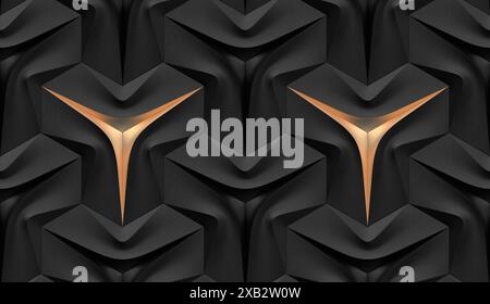 Futuristic 3d gray and white leather panels with gold scuffs on the edges of a three-pointed star at the base of the shape High quality seamless textu Stock Photo